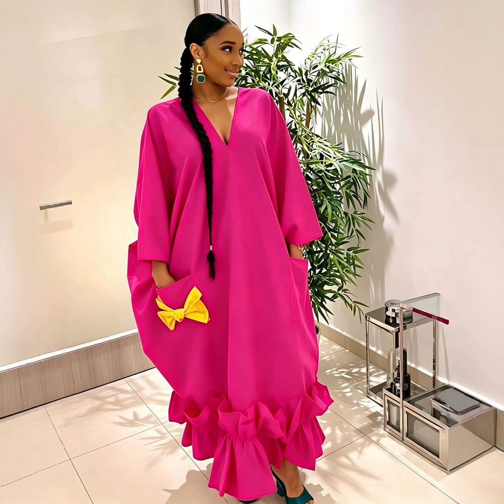 African-inspired new party dress: v-neck batwing sleeve robe with pocket and bow detail