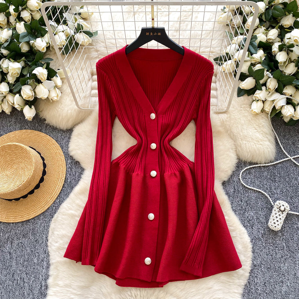 French style women's high-end v-neck metallic buckle waist-defining long sleeve knit dress - autumn/winter slimming chic sweater dress
