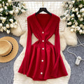 French style women's high-end v-neck metallic buckle waist-defining long sleeve knit dress - autumn/winter slimming chic sweater dress