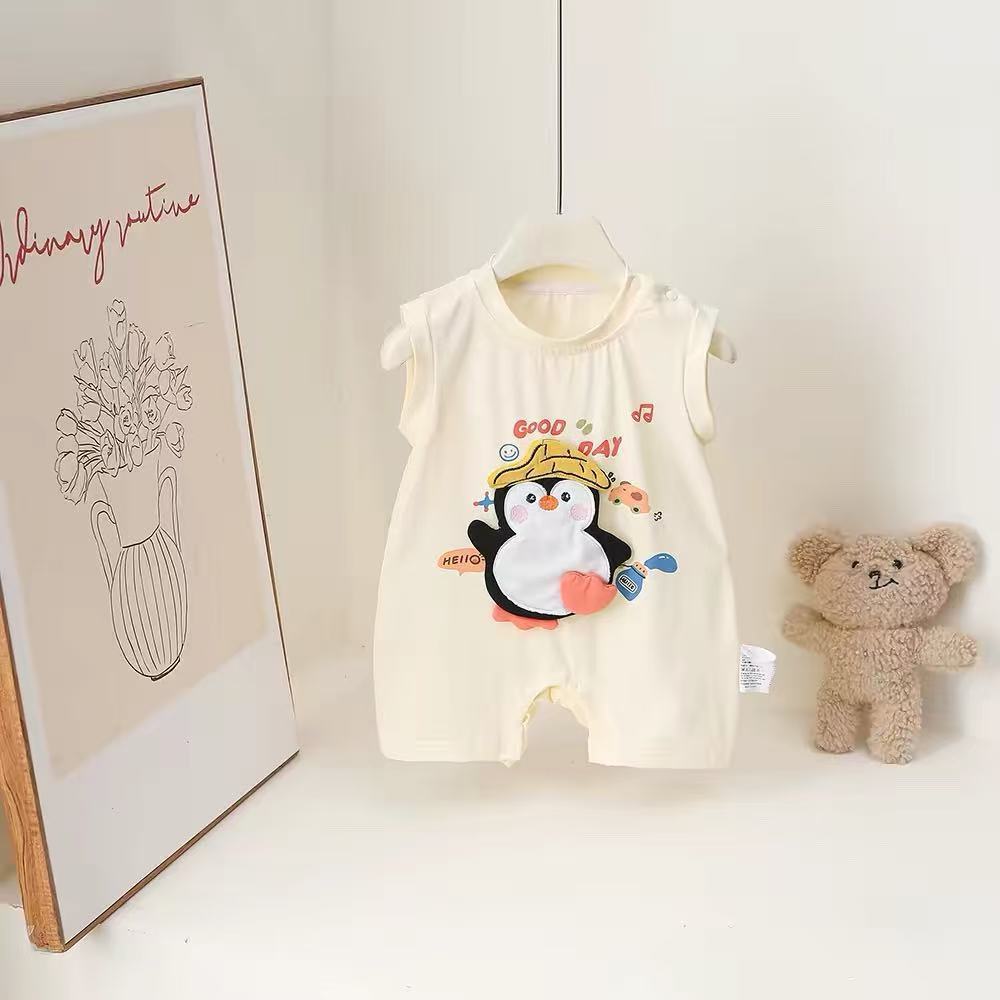 Summer cartoon cute infant rompers, sleeveless baby bodysuits, unisex baby crawling suits, and outdoor wear