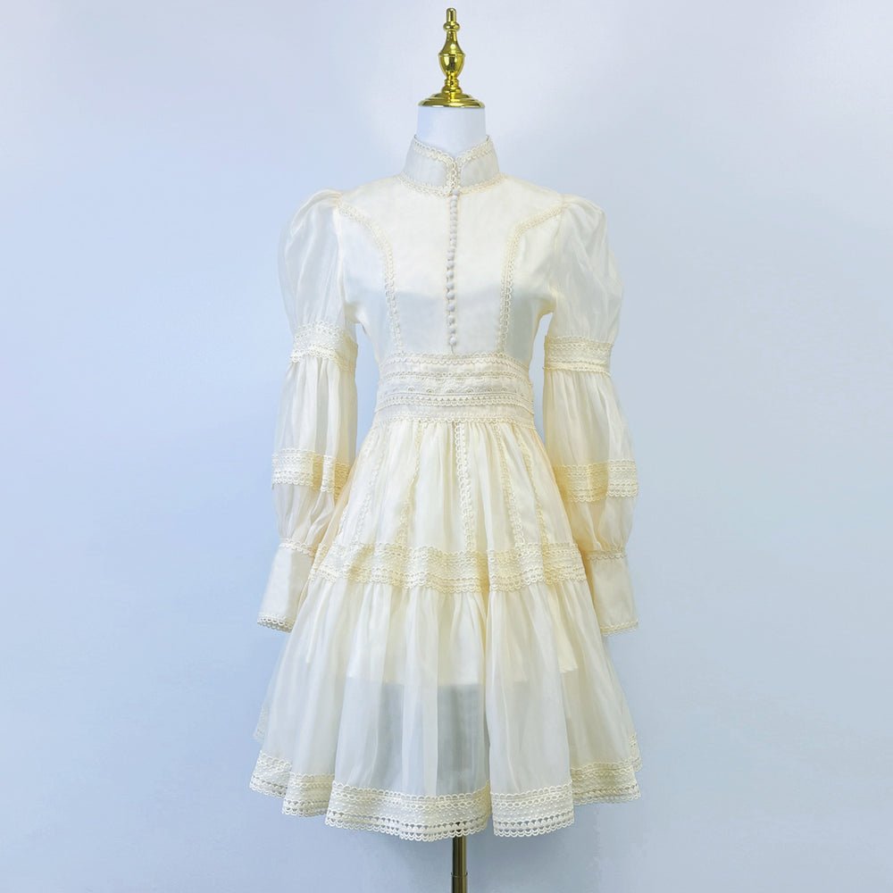 export design: autumn elegant court style lantern sleeve fitted waist dress with stand collar and lace trim mini skirt