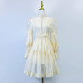 export design: autumn elegant court style lantern sleeve fitted waist dress with stand collar and lace trim mini skirt