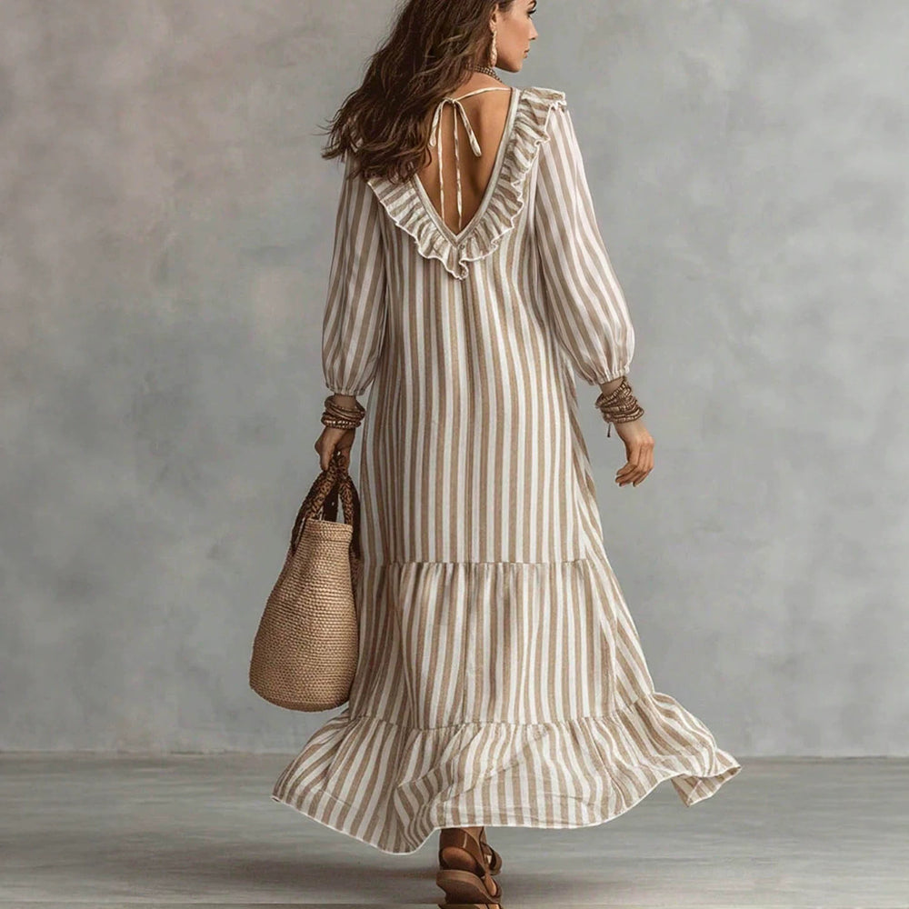 Vacation casual style vertical stripes mid-length skirt v neckrufflespatchworklooseslimming looklong sleeves flowydress
