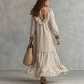 Vacation casual style vertical stripes mid-length skirt v neckrufflespatchworklooseslimming looklong sleeves flowydress