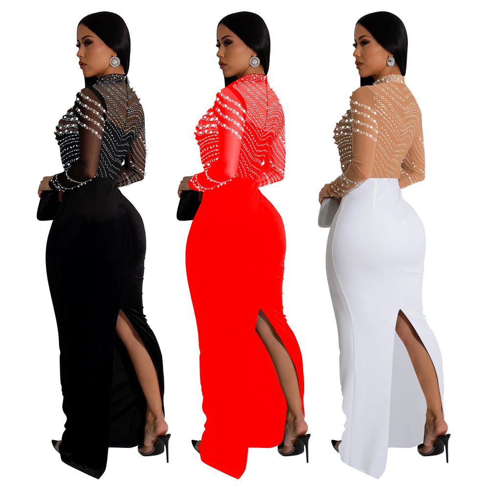 C7043 cross-border   independent station fashionfashion women's solid color hot diamond longdress new