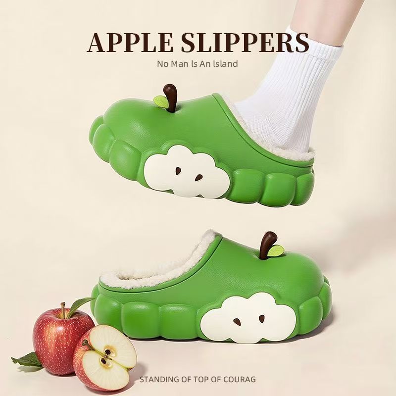 Women's cotton slippers - new 2025 winter collection: red apple design, fleece-lined, warm, indoor/outdoor, non-slip, thick-soled cotton shoes