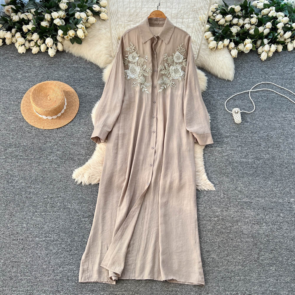 French retro 3d floral embroidered red a-line dress - women's autumn korean style long sleeve slimming elegant maxi dress
