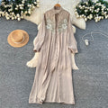 French retro 3d floral embroidered red a-line dress - women's autumn korean style long sleeve slimming elegant maxi dress