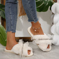 Influencer-style fuzzy slippers for women, autumn/winter 2024, indoor/outdoor wear, flat plush slippers with rhinestone lace detail
