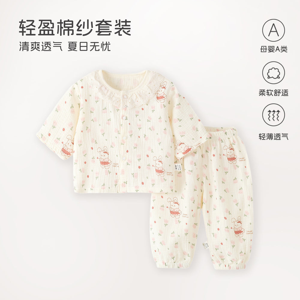Baby pajamas gauze pure cotton spring summer thin baby air conditioning home clothes separatestwo-piece set men's and women's children