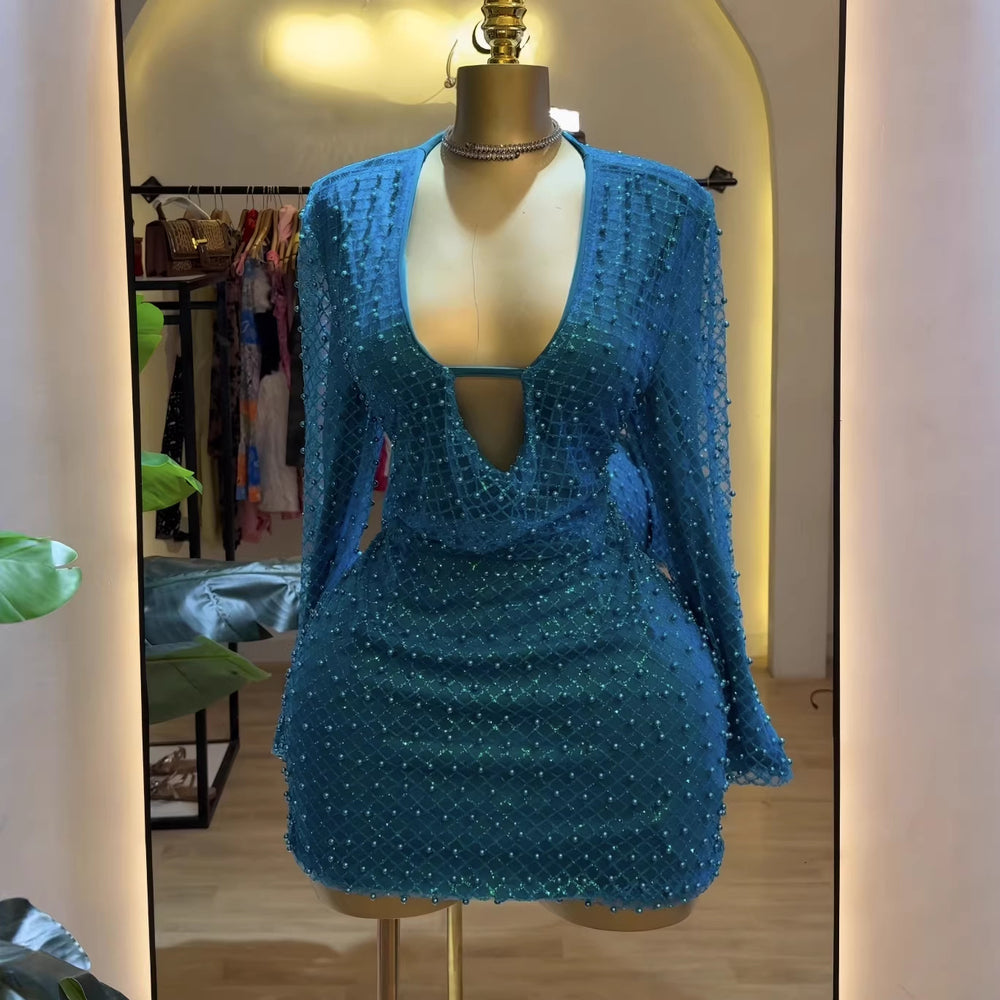 European and american  cross-border women's autumn dress - unique street style sexy cutout sequin beaded evening gown