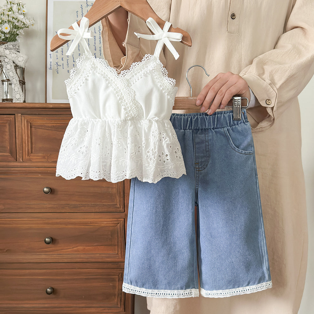 new cross-border girls' country style cotton-like embroidered top with lace trim and washed denim pants set