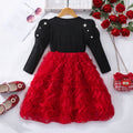 Girls' dress for toddlers and young children, featuring a large bow, pearl embellishments, and a 3d wavy tulle skirt