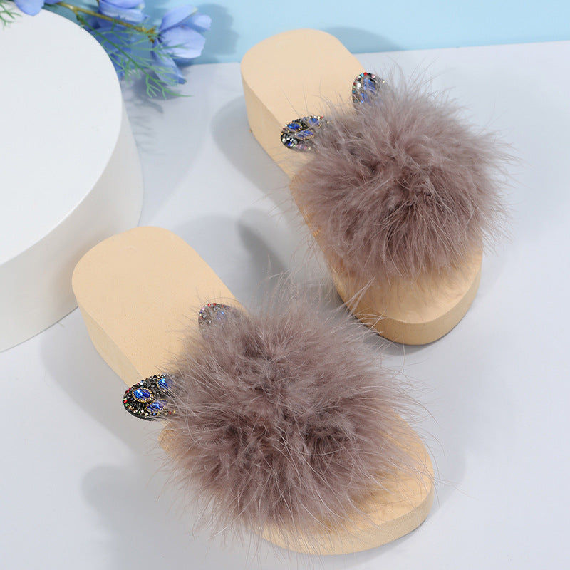 2024 summer new korean style ostrich feather one-strap flat sandals slippers women's plus size