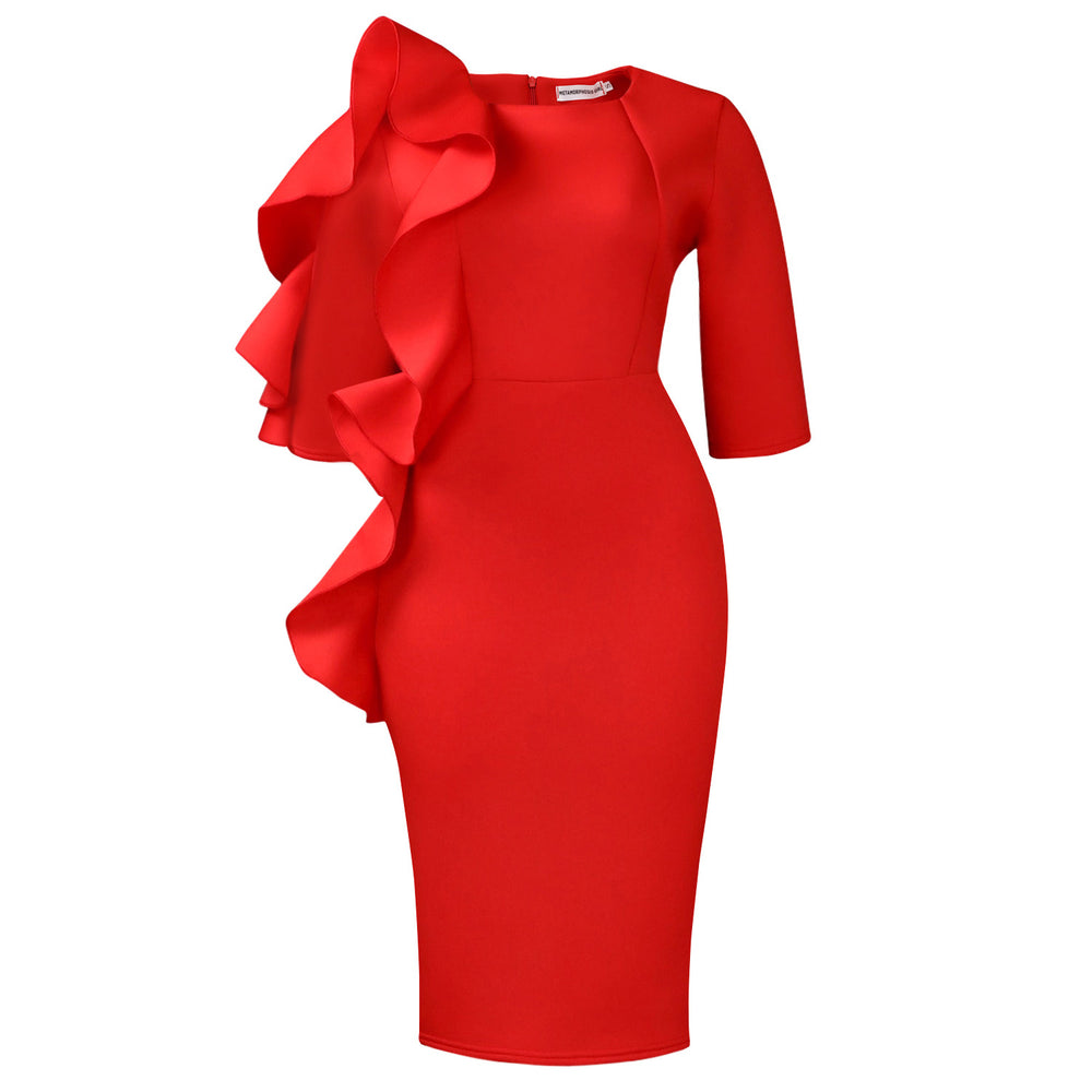 D608 cross-border  fashion women's round neck elegant three-quarter sleeve ruffle trim african dress