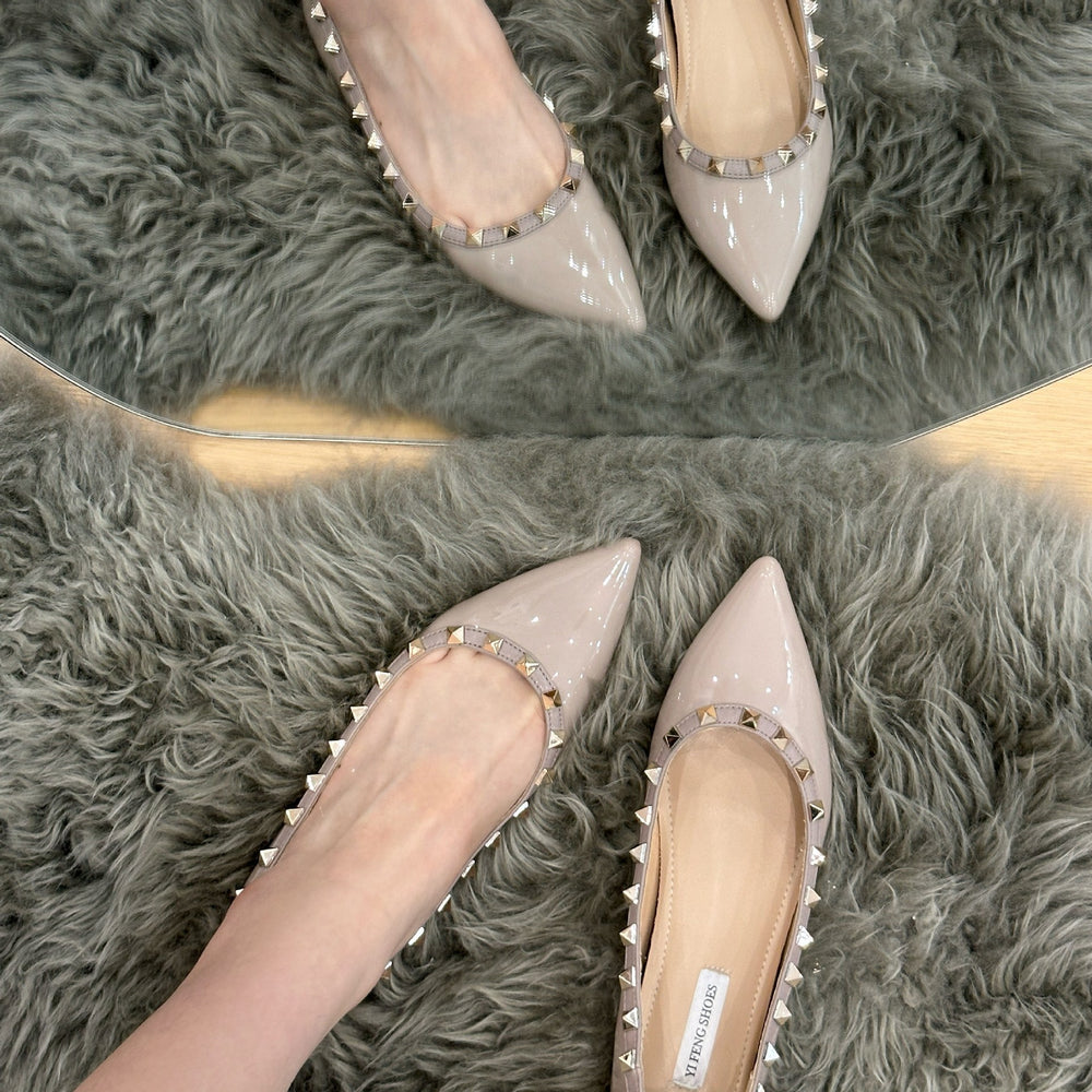 Women's single shoes: new spring/autumn 2025 pointed-toe studded hidden heel french patent leather fashionable versatile low-cut high heels