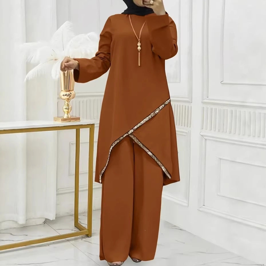 cross-border new arrival: women's two-piece loungewear set - relaxed fit with linear print design