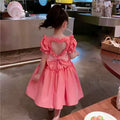 Girls'  tiktok new summer fashionable solid color princess dress with puff sleeves, hollow-out heart design, and bow detail