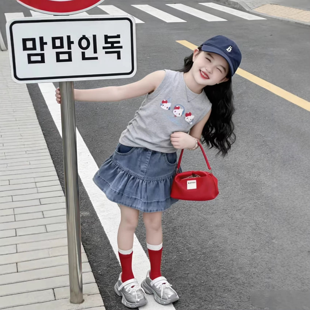 Girls'  summer comfortable cartoon cat tank top set, baby girl casual sweet denim skirt two-piece outfit
