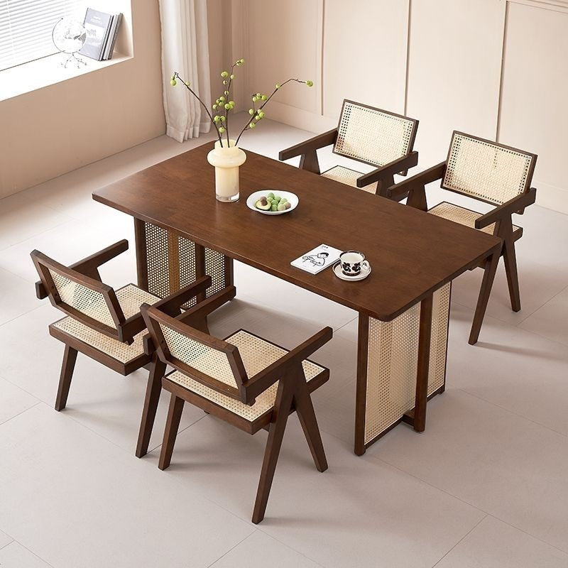 Japanese-style solid wood dining table, small apartment rattan woven table, minimalist rectangular b&b nordic dining table and chair set