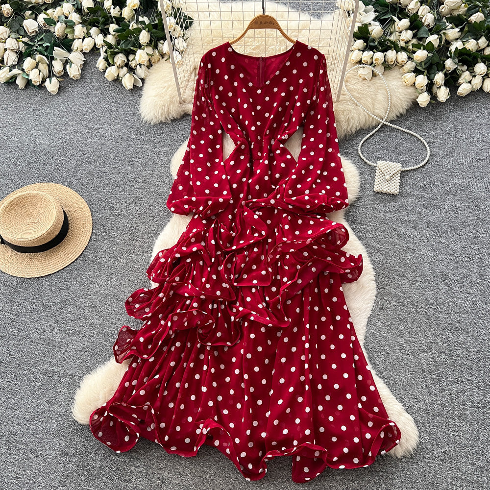 French polka dot v-neck bodycon asymmetrical dress - women's summer cinched waist ruffle trim slimming cake dress - socialite style