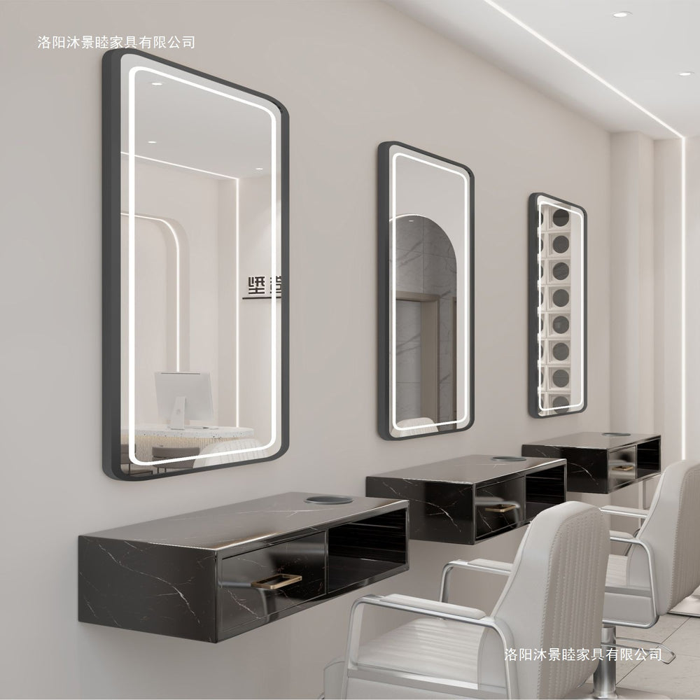 Influencer-approved barber shop mirror table, salon wall-mounted minimalist hairdressing mirror, touch-control led hairdressing mirror
