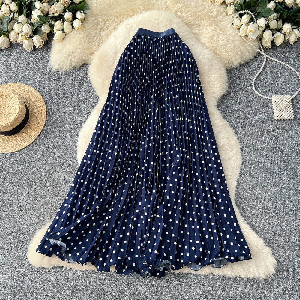 K-style polka dot pleated elegance skirt women's high waistslimming looka-line long skirtwork clothingeasiest for matchpatchworkelegant skirt
