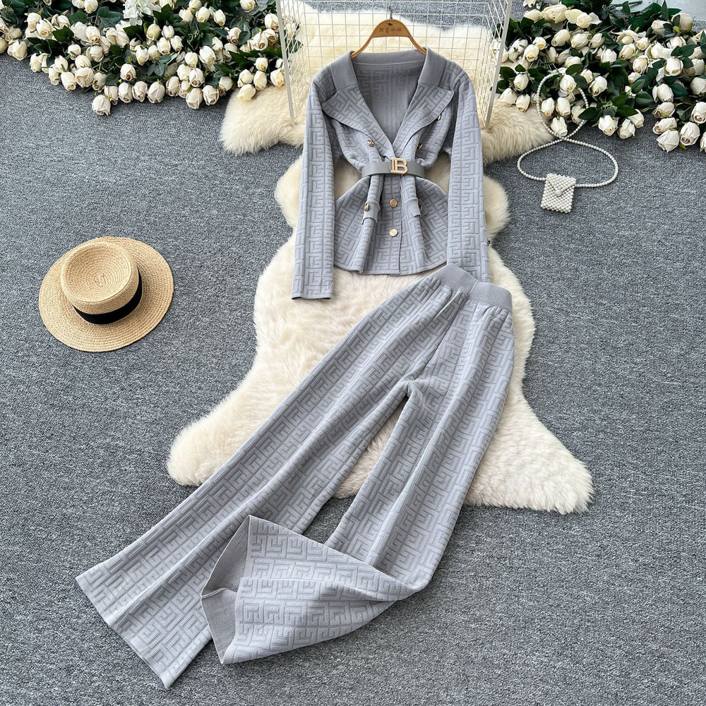European chic: elegant and high-end strappy waist blazer-style knit top with high-waisted wide-leg pants