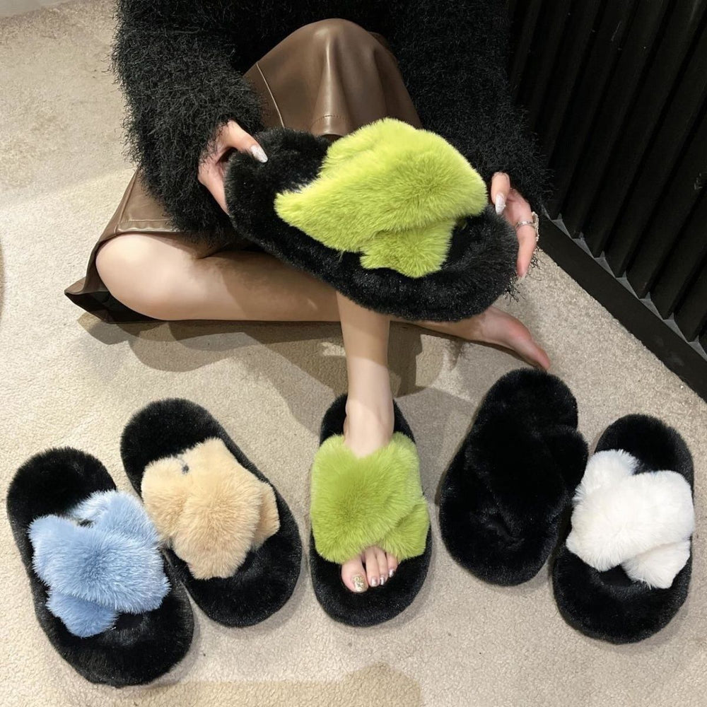 Versatile fuzzy slippers for women, thick-soled outdoor wear, new autumn/winter styles, trending online, platform sole, height-increasing, criss-cross cotton slippers
