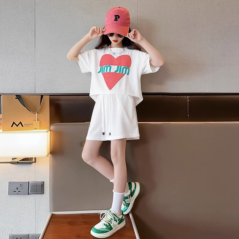 Girls' summer outfit set : stylish kids' active summer two-piece set for girls (short sleeve top & shorts) - perfect for mid-to-large children