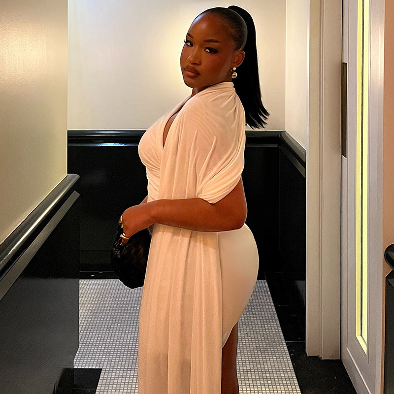 European and american style cross-border commute solid color women's pleated asymmetrical neck bodycon mini dress with tie detail - hot selling wholesale