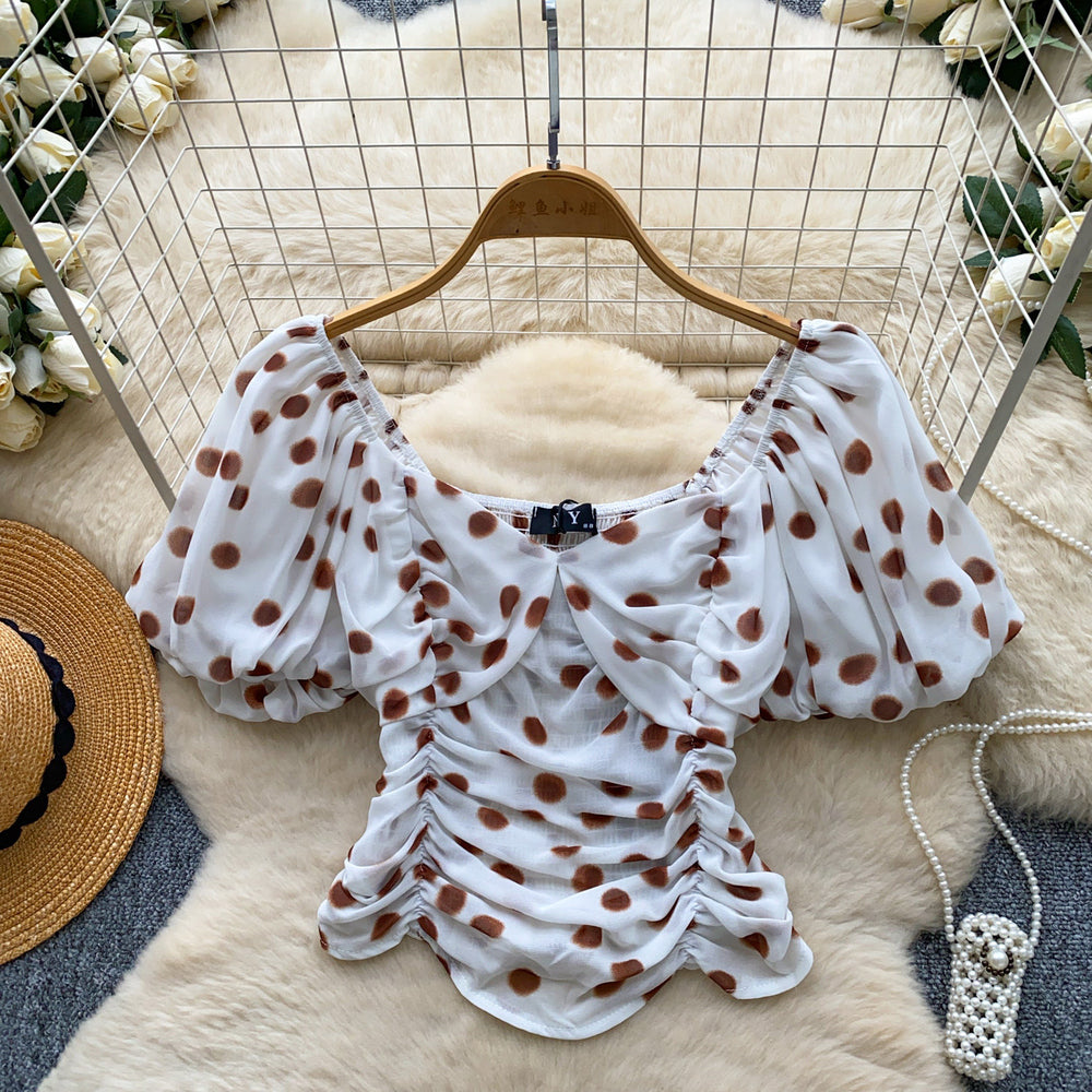 Korean style polka dot puff sleeve chiffon blouse - women's summer design, breathable, skin-friendly, ruched cropped top, commute chic