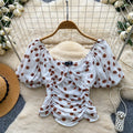 Korean style polka dot puff sleeve chiffon blouse - women's summer design, breathable, skin-friendly, ruched cropped top, commute chic