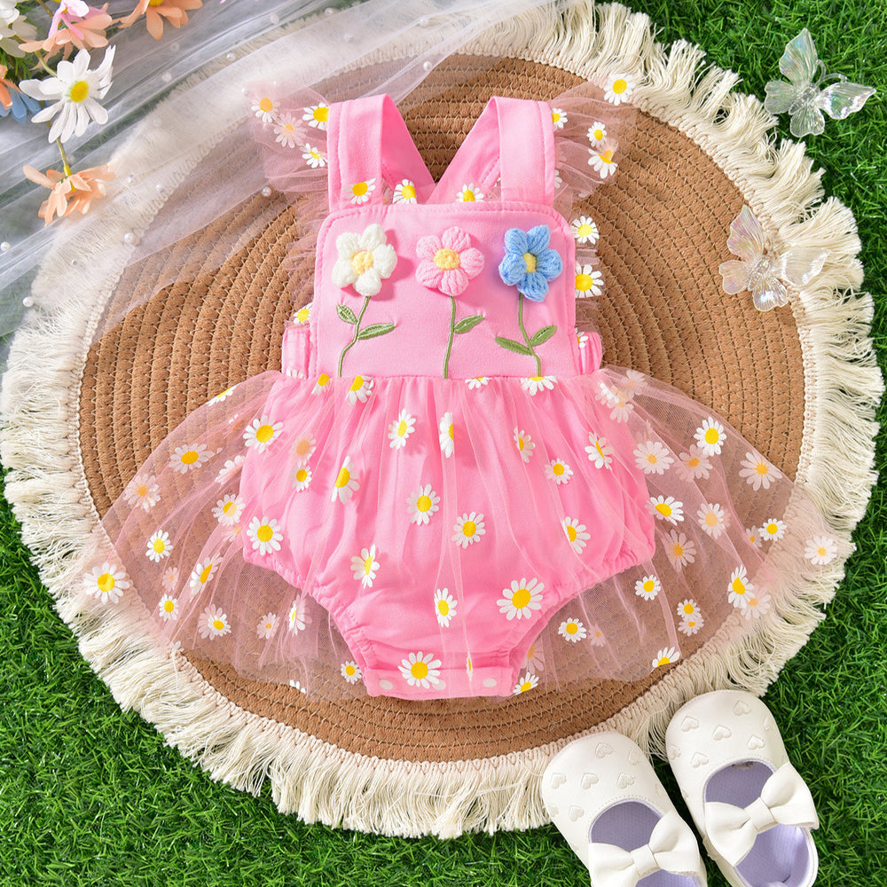 Baby girl party outfit cute suspender three flowers patchwork mesh one-piece dress