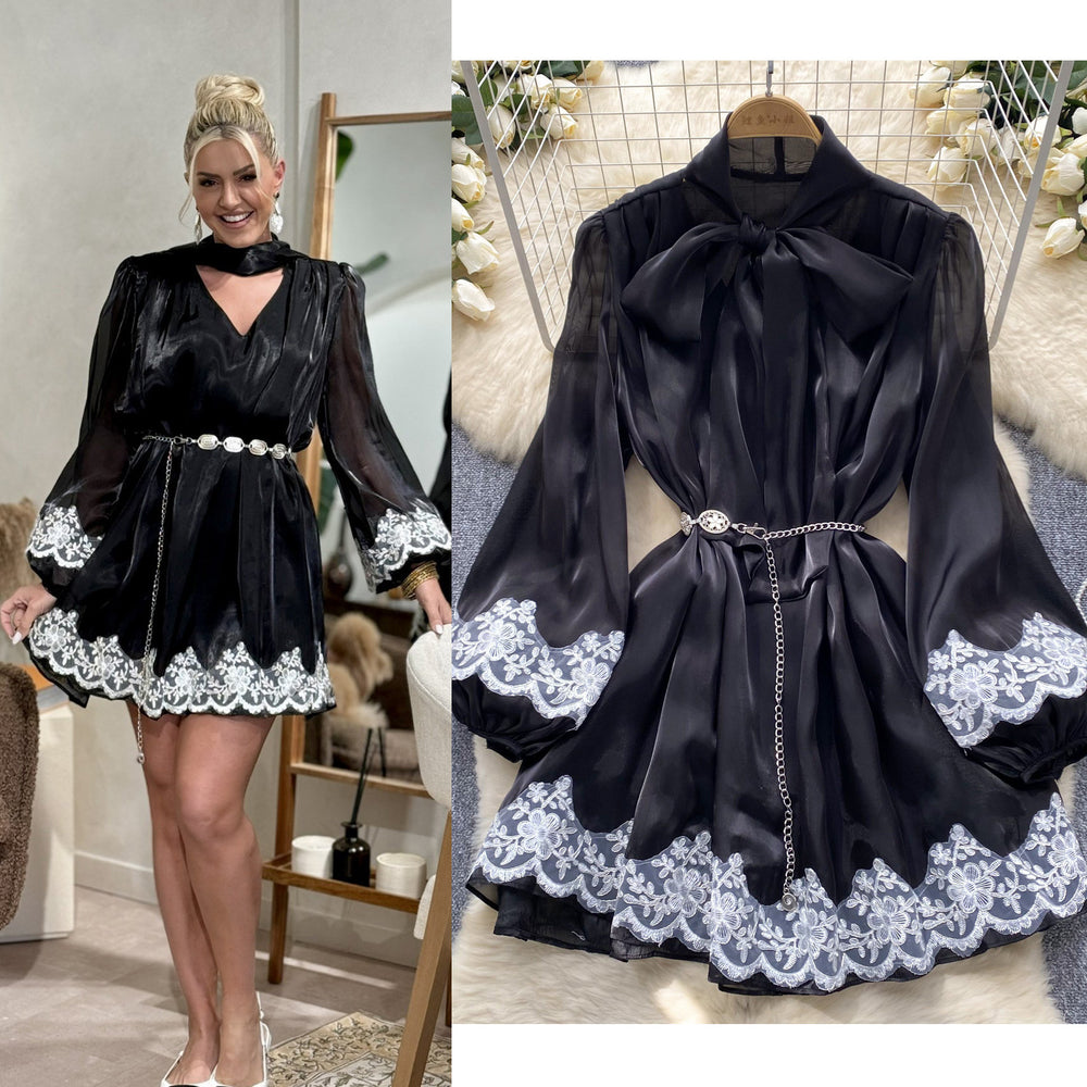 Spring european and american style women's dress - bow neckline, tie-up lantern sleeves, lace trim, shiny chiffon skirt, mini dress