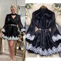 Spring european and american style women's dress - bow neckline, tie-up lantern sleeves, lace trim, shiny chiffon skirt, mini dress