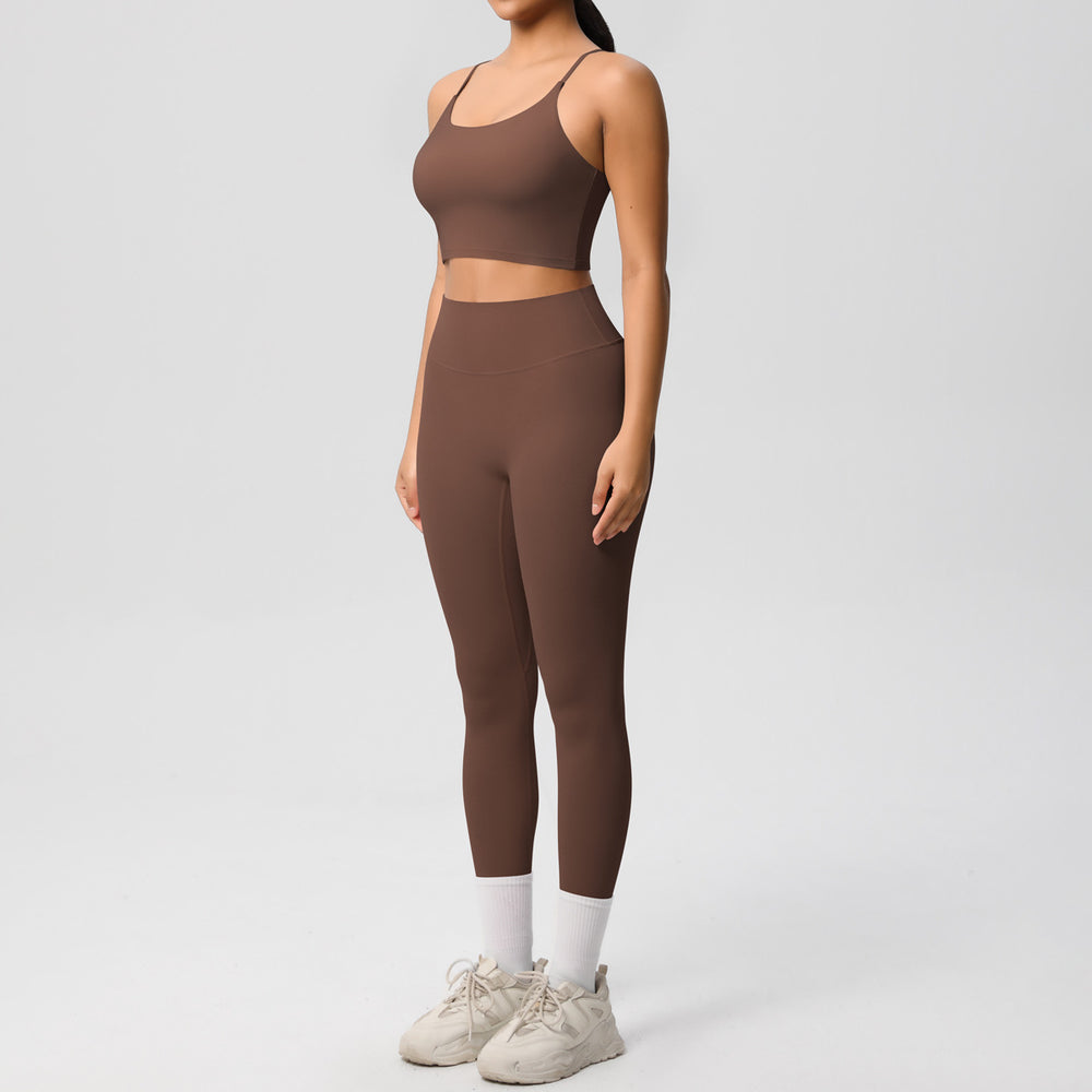 New arrival: double-sided brushed solid color seamless back compression yoga set - breathable workout outfit for running and fitness (two-piece)