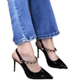 French chic black pointed-toe heels with chain detail and back strap – unique design, comfortable everyday wear, and versatile for two-way styling
