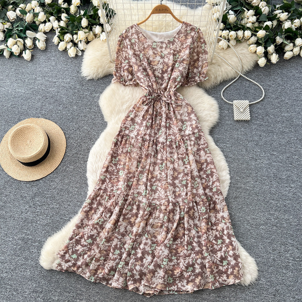 French floral v-neck dress - women's summer  collection: round neck, short sleeve, slim fit, ruffle hem, elegant maxi dress
