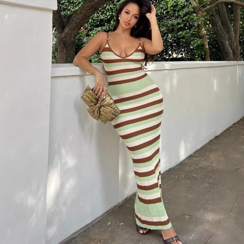knitted maxi dress - european & american style sleeveless cutout backless striped sundress