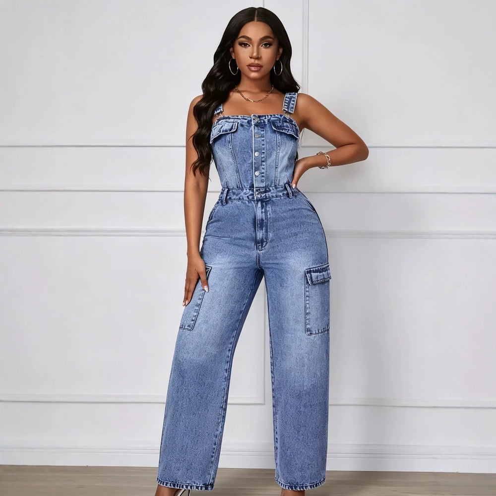 european and american  cross-border casual fashion sexy multi-pocket design high-quality denim jumpsuit women's clothing