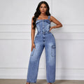 european and american  cross-border casual fashion sexy multi-pocket design high-quality denim jumpsuit women's clothing
