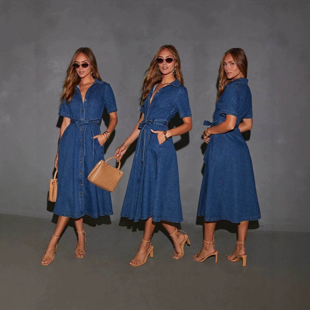 Amazon independent station cross-border women's casual casual short sleeve lapel denim a-line dresshigh waistslimming look