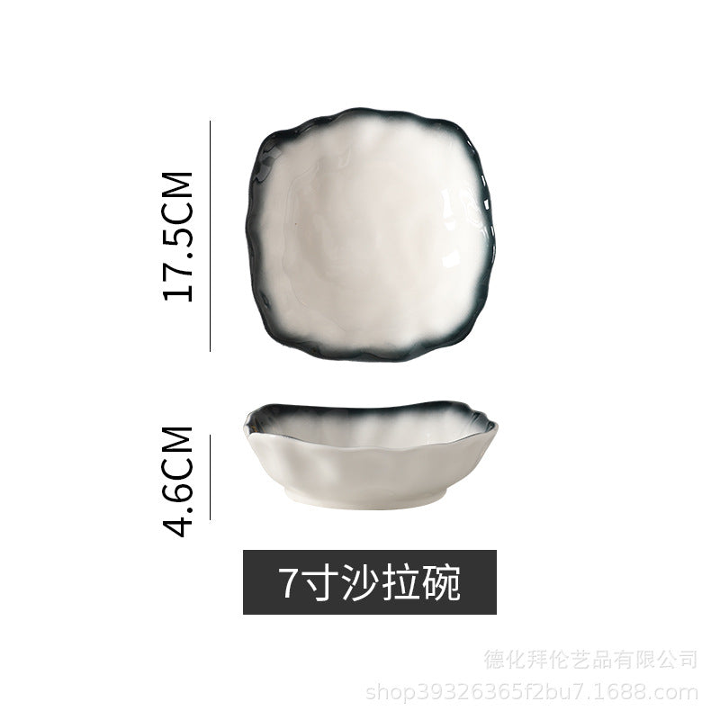 Japanese-style creative green-edged minimalist ceramic rice bowl, noodle bowl, soup bowl, plate, and dish set with matching fish plate