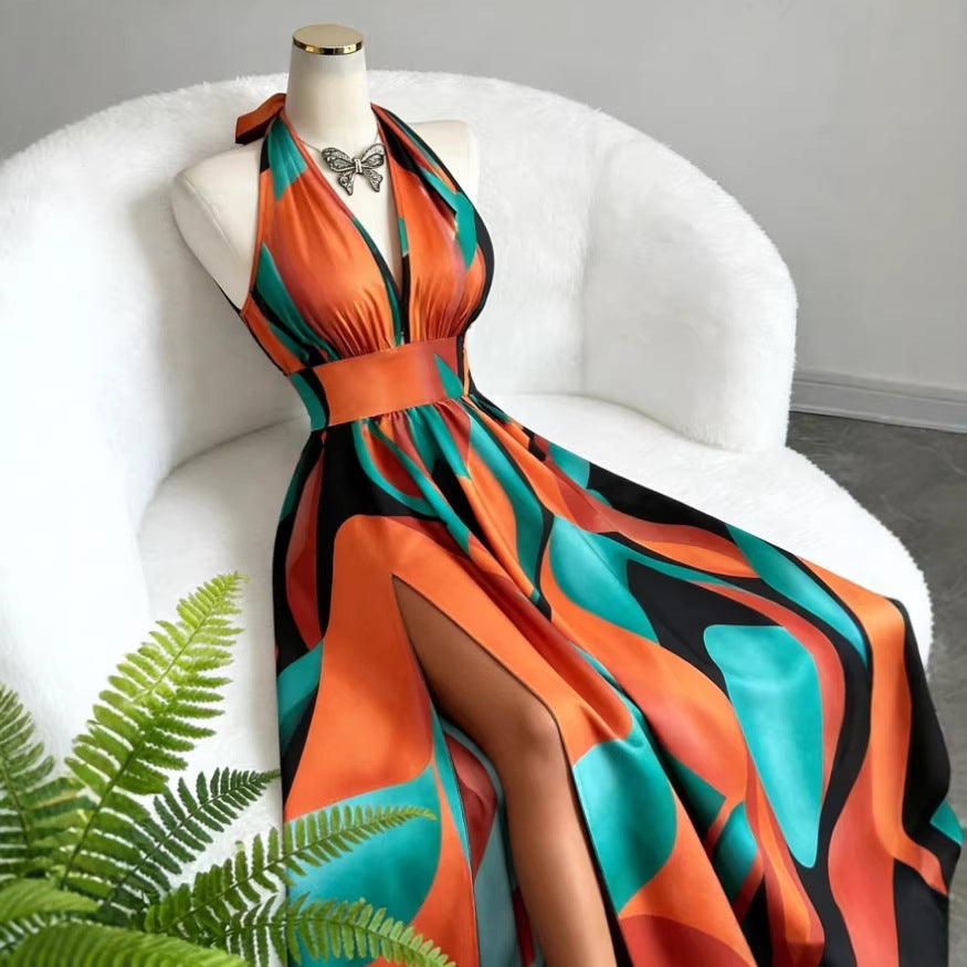 Amazon cross-border french casual elegant sexy high-end design v-neck cutout back slit a-line sleeveless maxi dress