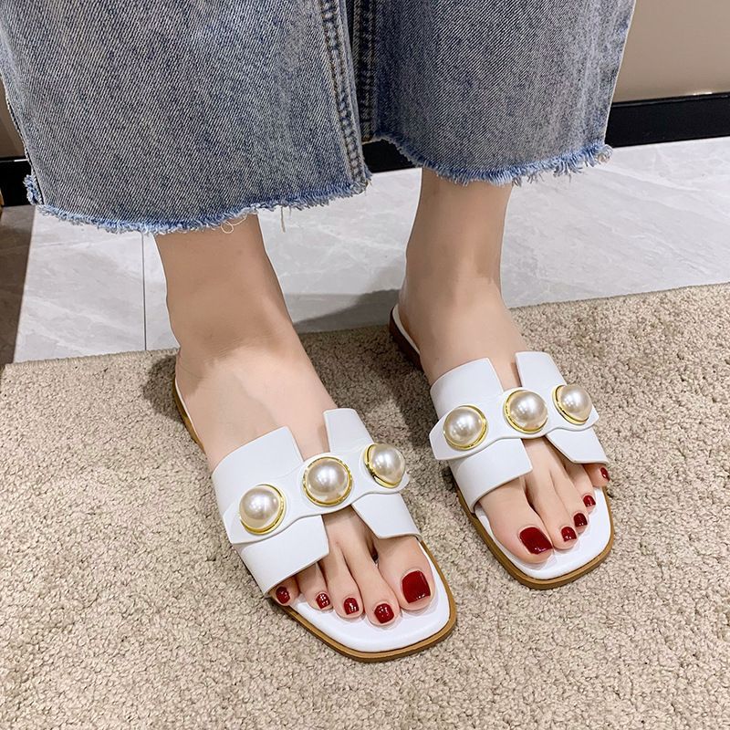 Fashionexportplus size pearl cut out flip-flops women's cross-border wear casual lightweight low-heeled square-toe sandals