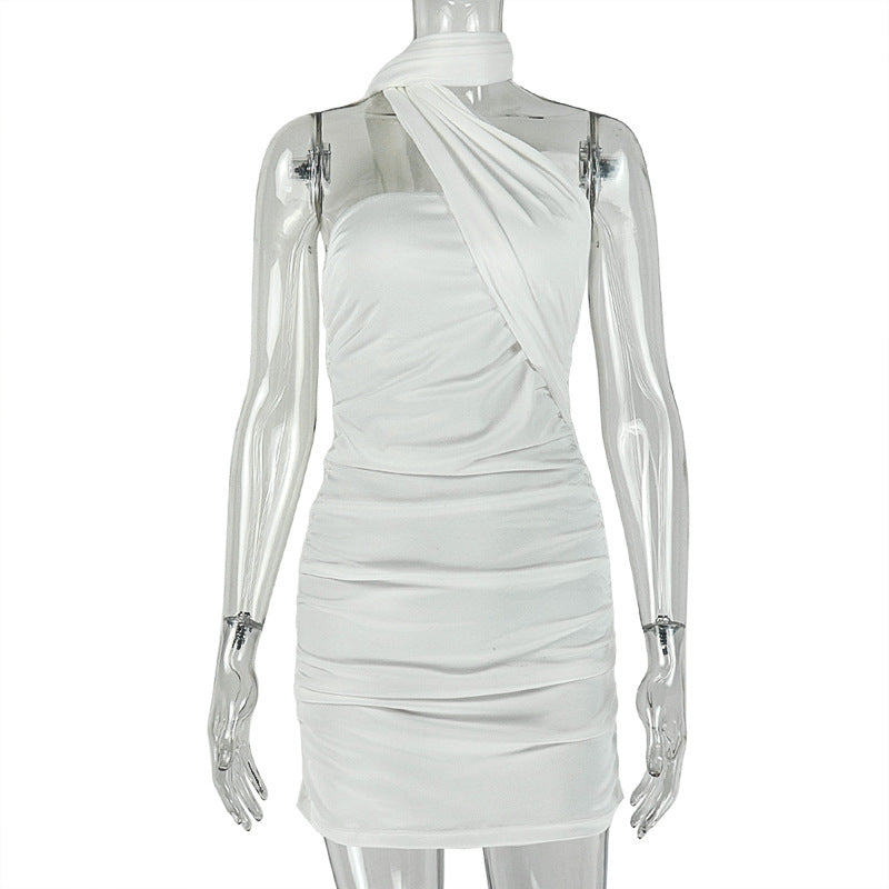 European and american style slim-fit women's daily wear halter neck bodycon dress - elegant, ruched, bandeau, fashionable solid color tie-up dress