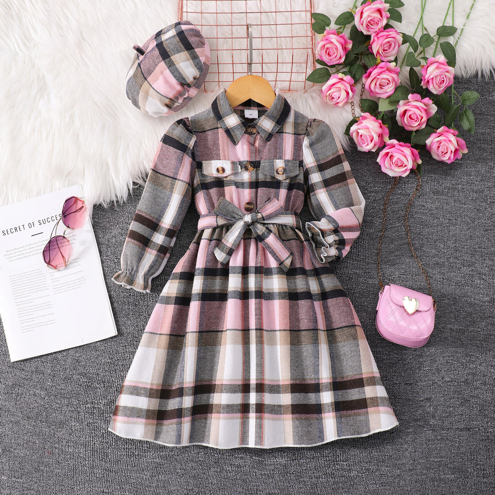 Girls' plaid long-sleeve belted dress with hood (toddler/kids)