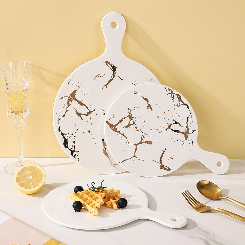 Scandinavianins marble gold pattern ceramic high-looking tray western food steak plate classy handle plate
