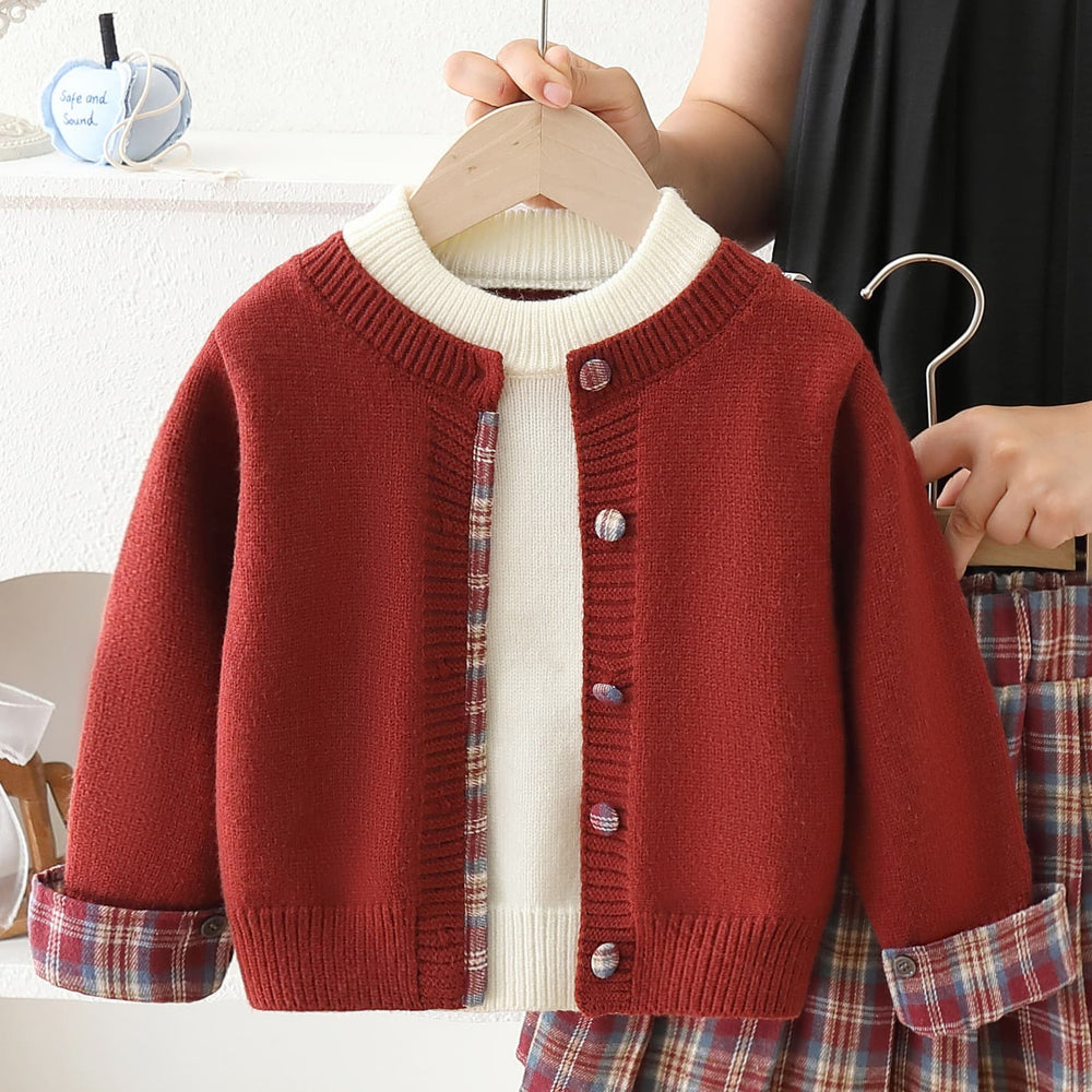 Girls' sweater set - new autumn/winter  collection: round neck, color block, faux two-piece knit cardigan jk outfit